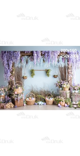 Tło fotograficzne wiosenne z lawendową glicynią i pastelowymi jajkami | E577